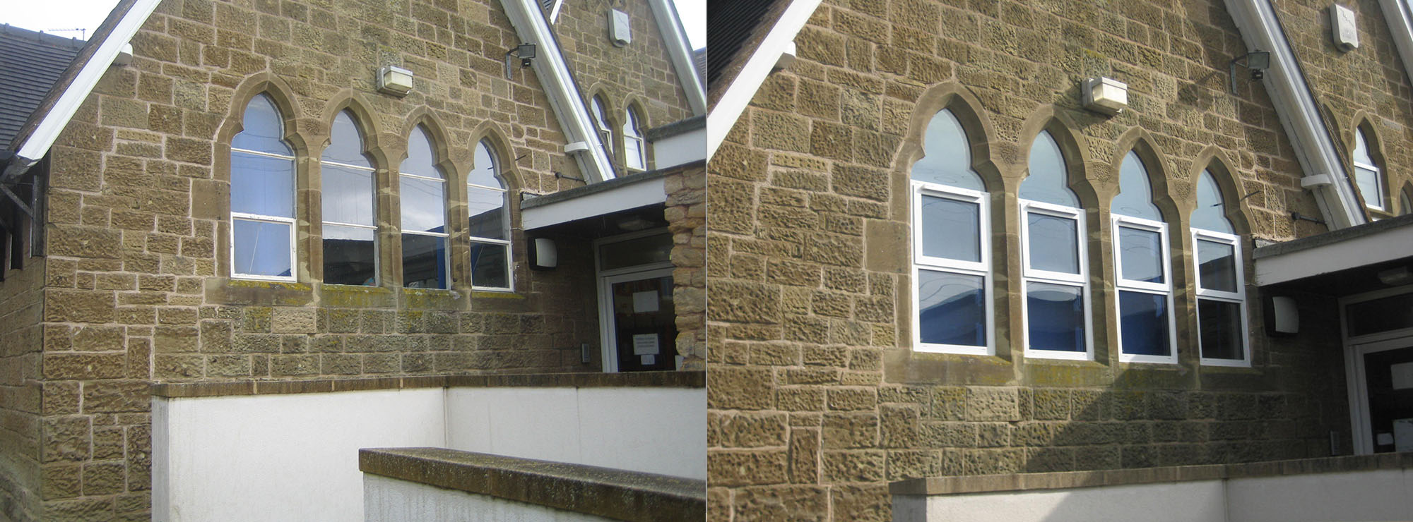 <strong>Primary School in Worcestershire.</strong>Replacement of steel windows in stone surrounds with white commercial aluminium inserts.