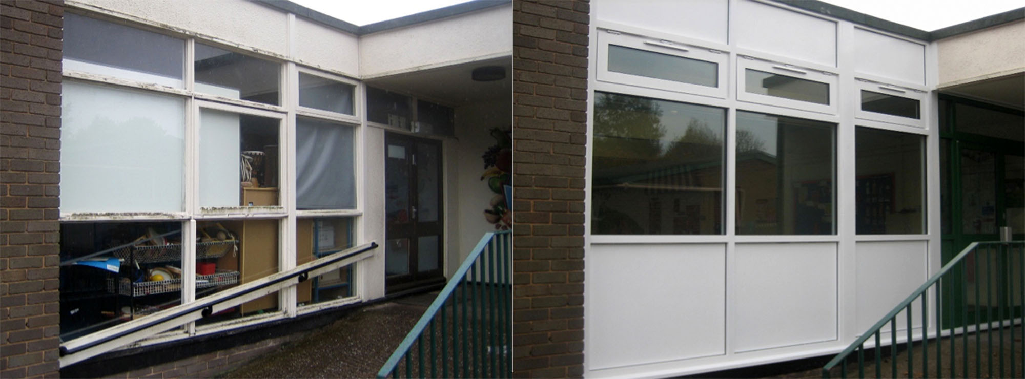 <strong>Infants & Junior School in West Midlands.</strong>Replacement timber windows with white commercial aluminium.