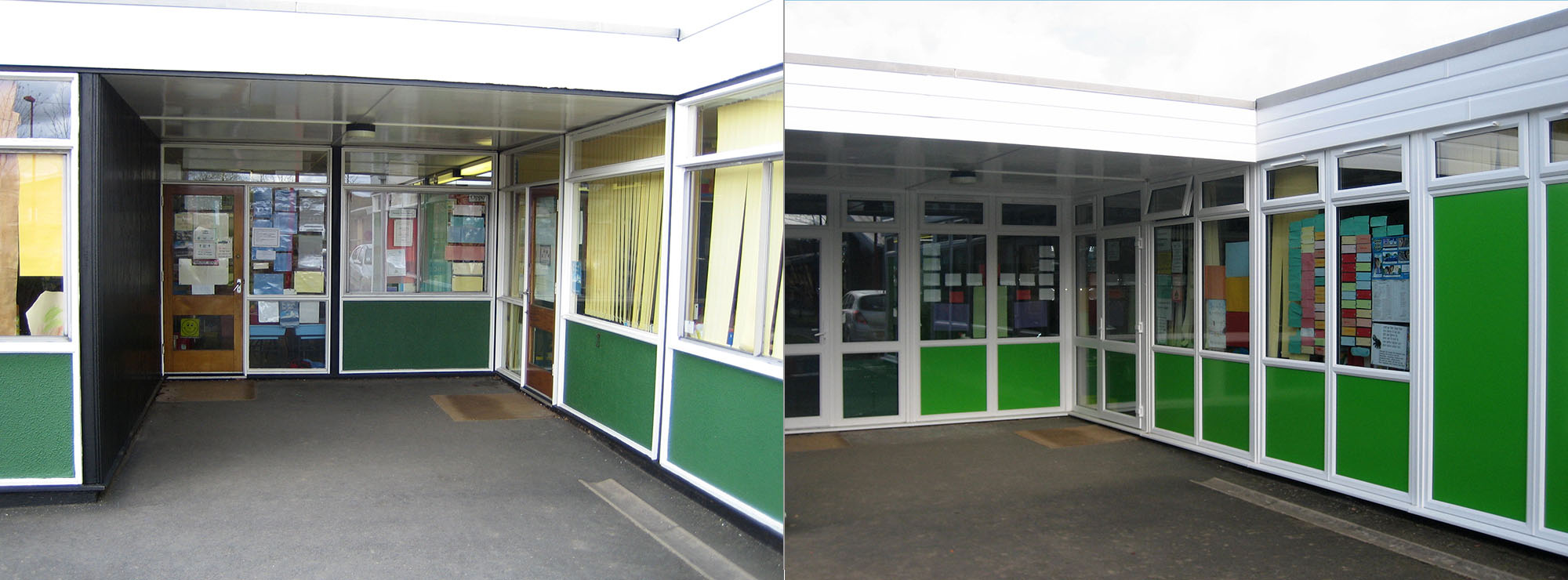 <strong>Primary School in West Midlands.</strong>Replacement of storey height timber windows and doors with white UPVC.