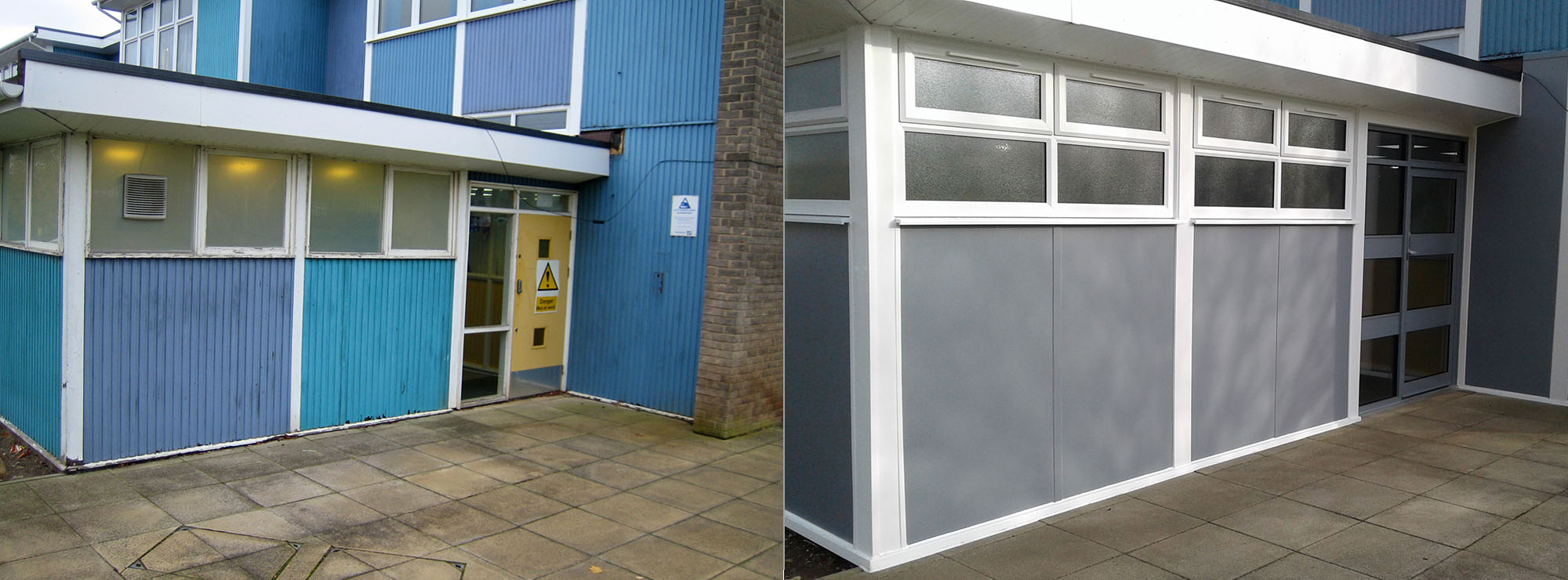 <strong>Primary School in West Midlands.</strong>Replacement existing timber cladding, windows and doors with commercial grey aluminium doors, aluminium faced insulated grey panels and white UPVC windows.