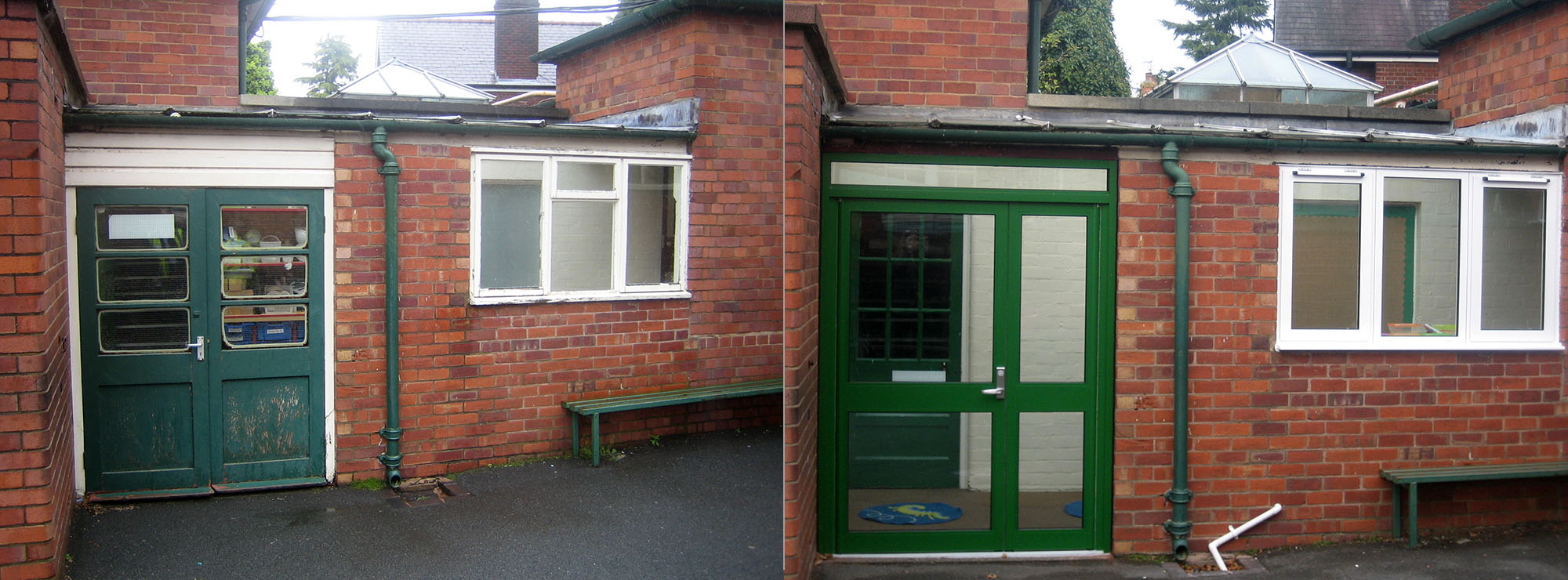 <strong>Infants & Junior School in West Midlands.</strong>Replacement timber door with green commercial aluminium.